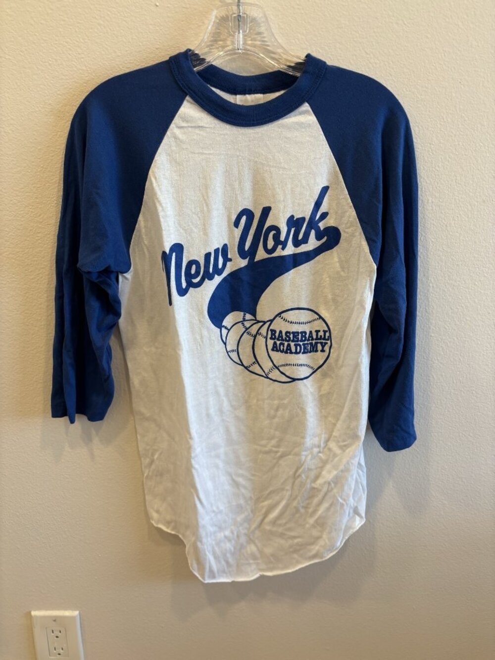 Vintage 80s New York Baseball Academy Raglan 3/4 Sleeve Tee Blue White Camp